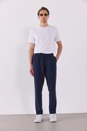 Erkek Alfred Beli Lastikli Slim Straight Gofre Pantolon - Navy