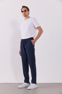 Erkek Alfred Beli Lastikli Slim Straight Gofre Pantolon - Navy