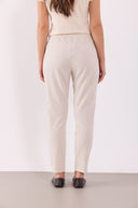 Kadın Alian Beli Lastikli İnce Çizgili Gofre Pantolon - Bej Çizgili