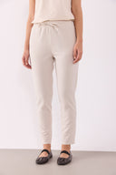 Kadın Alian Beli Lastikli İnce Çizgili Gofre Pantolon - Bej Çizgili