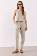 Kadın Beli Lastikli Çizgili Keten Pantolon - Haki Çizgili