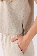 Kadın Beli Lastikli Çizgili Keten Pantolon - Haki Çizgili