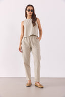 Kadın Beli Lastikli Çizgili Keten Pantolon - Haki Çizgili