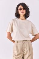 Kadın Bisiklet Yaka Oversize Rahat Kalıp Basic Tişört %100 Pamuk - Naturel