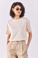 Kadın Bisiklet Yaka Oversize Rahat Kalıp Basic Tişört %100 Pamuk - Naturel