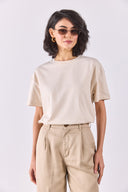 Kadın Bisiklet Yaka Oversize Rahat Kalıp Basic Tişört %100 Pamuk - Naturel