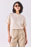 Kadın Bisiklet Yaka Oversize Rahat Kalıp Basic Tişört %100 Pamuk - Naturel
