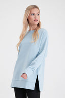 Kadın Bisiklet Yaka Yanı Yırtmaçlı Regular Fit 3 İplik Sweatshirt - Gök Mavisi