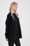 Kadın Bisiklet Yaka Yanı Yırtmaçlı Regular Fit 3 İplik Sweatshirt - Siyah