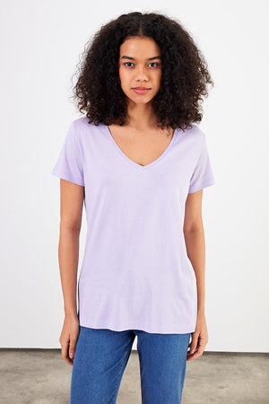 Kadın Boyfriend V Yaka Regular Fit Modal Tişört (TENCEL)™ - Lila