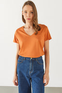 Kadın Boyfriend V Yaka Regular Fit Modal Tişört (TENCEL)™ - Terracotta