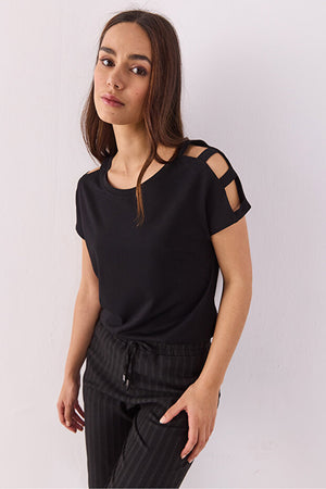 Kadın Elsa Bisiklet Yaka Omzu Detaylı Modal Tişört (TENCEL)™ - Siyah