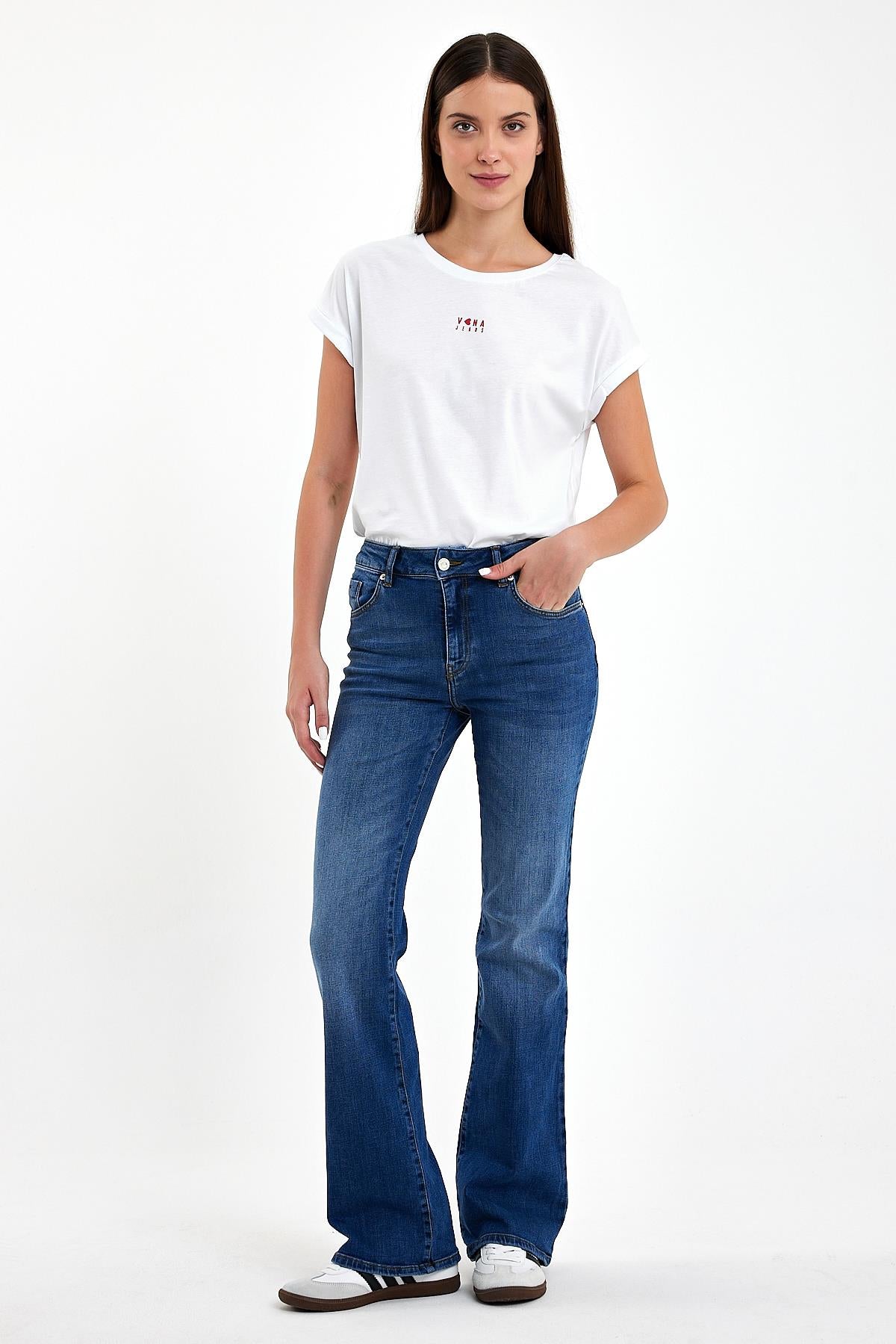 Kadın Emilie Dirty Med Blue Bootcut Jean Pantolon - Dirty Med Blue