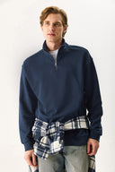 Erkek Bruce Dik Yaka Yarım Fermuarlı Sweatshirt %100 Pamuk - Lacivert