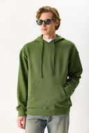 Erkek Kapüşonlu Basic Hoodie Sweatshirt %100 Pamuk - Haki