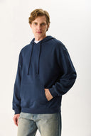Erkek Kapüşonlu Basic Hoodie Sweatshirt %100 Pamuk - Lacivert