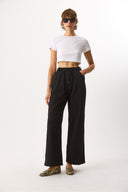 Kadın Beli Lastikli Geniş Paça Pantolon %100 Pamuk - Siyah