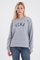 Kadın Bisiklet Yaka Logo Baskılı Pamuklu Sweatshirt - Gri Melanj