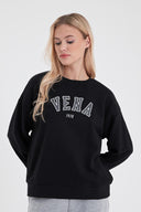 Kadın Bisiklet Yaka Logo Baskılı Pamuklu Sweatshirt - Siyah
