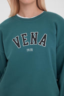 Kadın Bisiklet Yaka Logo Baskılı Pamuklu Sweatshirt - Orman