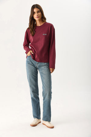 Kadın Bisiklet Yaka Logo Baskılı Uzun Kollu Tişört %100 Pamuk - Bordo