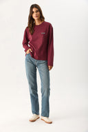 Kadın Bisiklet Yaka Logo Baskılı Uzun Kollu Tişört %100 Pamuk - Bordo