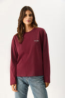 Kadın Bisiklet Yaka Logo Baskılı Uzun Kollu Tişört %100 Pamuk - Bordo