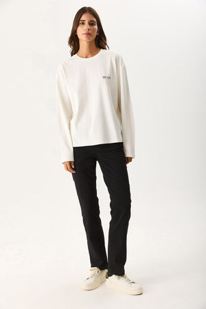 Kadın Bisiklet Yaka Logo Baskılı Uzun Kollu Tişört %100 Pamuk - Fildişi