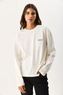 Kadın Bisiklet Yaka Logo Baskılı Uzun Kollu Tişört %100 Pamuk - Fildişi