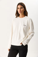 Kadın Bisiklet Yaka Logo Baskılı Uzun Kollu Tişört %100 Pamuk - Fildişi