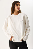 Kadın Bisiklet Yaka Logo Baskılı Uzun Kollu Tişört %100 Pamuk - Fildişi