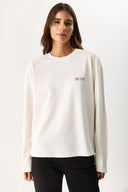 Kadın Bisiklet Yaka Logo Baskılı Uzun Kollu Tişört %100 Pamuk - Fildişi