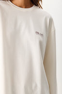 Kadın Bisiklet Yaka Logo Baskılı Uzun Kollu Tişört %100 Pamuk - Fildişi