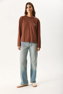 Kadın Bisiklet Yaka Logo Baskılı Uzun Kollu Tişört %100 Pamuk - Kahverengi