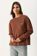 Kadın Bisiklet Yaka Logo Baskılı Uzun Kollu Tişört %100 Pamuk - Kahverengi