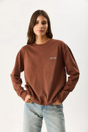 Kadın Bisiklet Yaka Logo Baskılı Uzun Kollu Tişört %100 Pamuk - Kahverengi