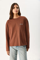 Kadın Bisiklet Yaka Logo Baskılı Uzun Kollu Tişört %100 Pamuk - Kahverengi