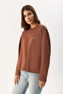 Kadın Bisiklet Yaka Logo Baskılı Uzun Kollu Tişört %100 Pamuk - Kahverengi