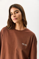 Kadın Bisiklet Yaka Logo Baskılı Uzun Kollu Tişört %100 Pamuk - Kahverengi