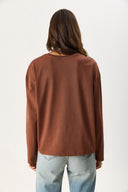 Kadın Bisiklet Yaka Logo Baskılı Uzun Kollu Tişört %100 Pamuk - Kahverengi