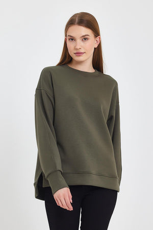 Kadın Bisiklet Yaka Yanı Yırtmaçlı Yumuşak Dokulu Sweatshirt (CUPRO) - Haki