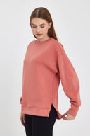 Kadın Bisiklet Yaka Yanı Yırtmaçlı Yumuşak Dokulu Sweatshirt (CUPRO) - Somon