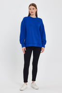 Kadın Bisiklet Yaka Yanı Yırtmaçlı Yumuşak Dokulu Sweatshirt (CUPRO) - Safir