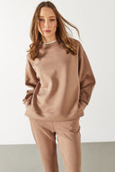 Kadın Bisiklet Yaka Yanı Yırtmaçlı Yumuşak Dokulu Sweatshirt (CUPRO) - Vizon