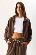 Kadın Dik Yaka Yanı Şeritli Yumuşak Dokulu Sweatshirt (CUPRO) - Kahverengi