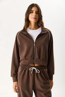 Kadın Dik Yaka Yanı Şeritli Yumuşak Dokulu Sweatshirt (CUPRO) - Kahverengi