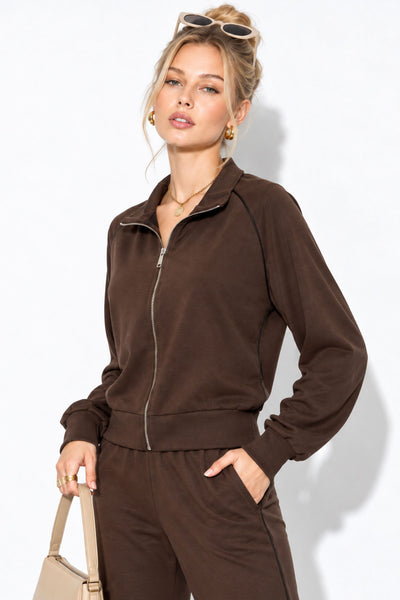 Kadın Dik Yaka Yanı Şeritli Yumuşak Dokulu Sweatshirt-Kahverengi