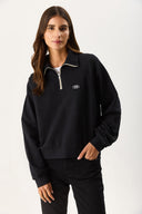 Kadın Eliza Kontrast Fermuar Detaylı Polo Yaka Sweatshirt %100 Pamuk - Siyah
