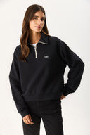 Kadın Eliza Kontrast Fermuar Detaylı Polo Yaka Sweatshirt %100 Pamuk - Siyah