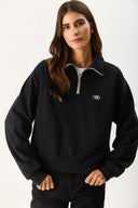 Kadın Eliza Kontrast Fermuar Detaylı Polo Yaka Sweatshirt %100 Pamuk - Siyah